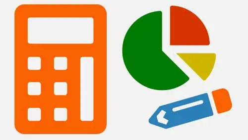 Calculator, piechart and pencil - icons